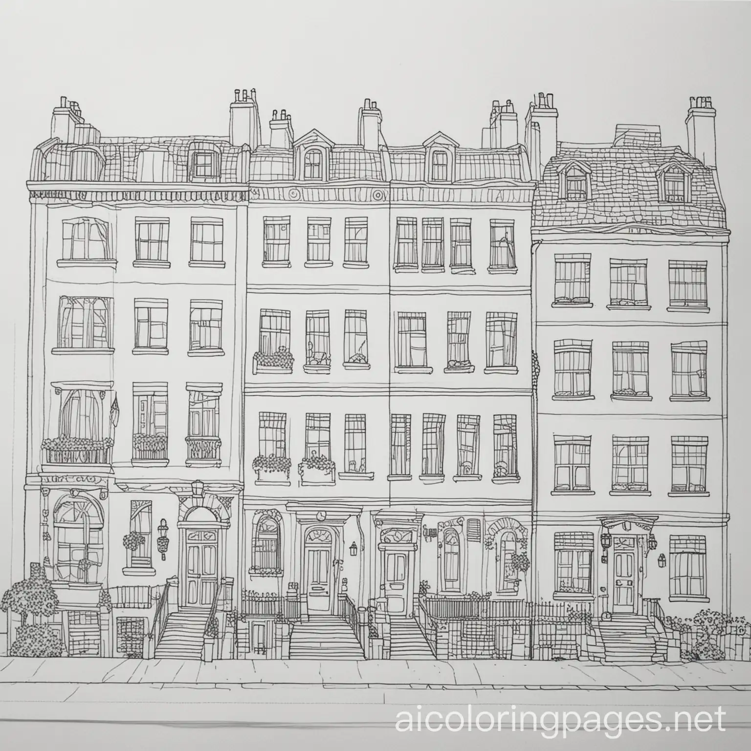 London-Apartment-Buildings-with-People-Coloring-Page-in-Black-and-White