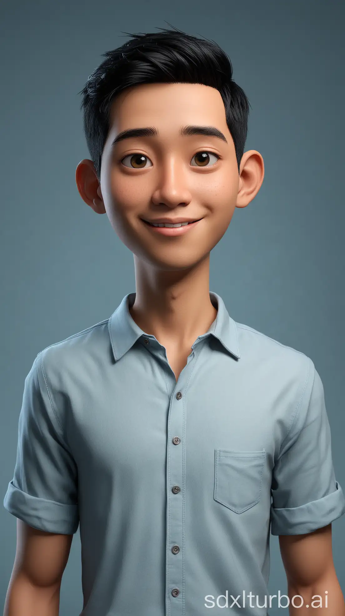 Create 3D cartoon style full body with a big head. A 25 year old Indonesian man. Tall, slightly thin body, oval face shape. Oval chin, handsome, slightly round eyes, clean white skin, faint smile. Black hair undercut style. Wearing a white shirt. Body position is clearly visible. Background colored blue solid. Use soft photography lighting, hair lighting, top lighting, side lighting. Highest quality photos, Uhd,16k.