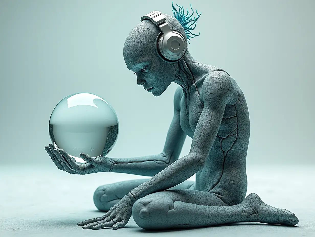 Create a high-resolution, realistic image of artificial intelligence (humanoid mixed Fractals patterns, two meters with a large glass ball in the hand, headphones, arms and legs on the ground in 4k resolution)