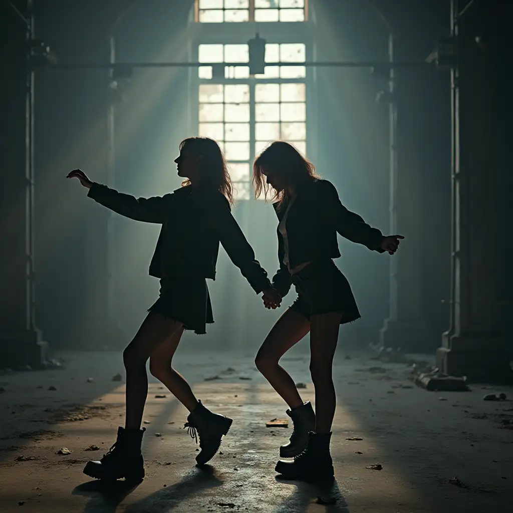 Two girls in electro punk music style are dancing at an abandoned factory