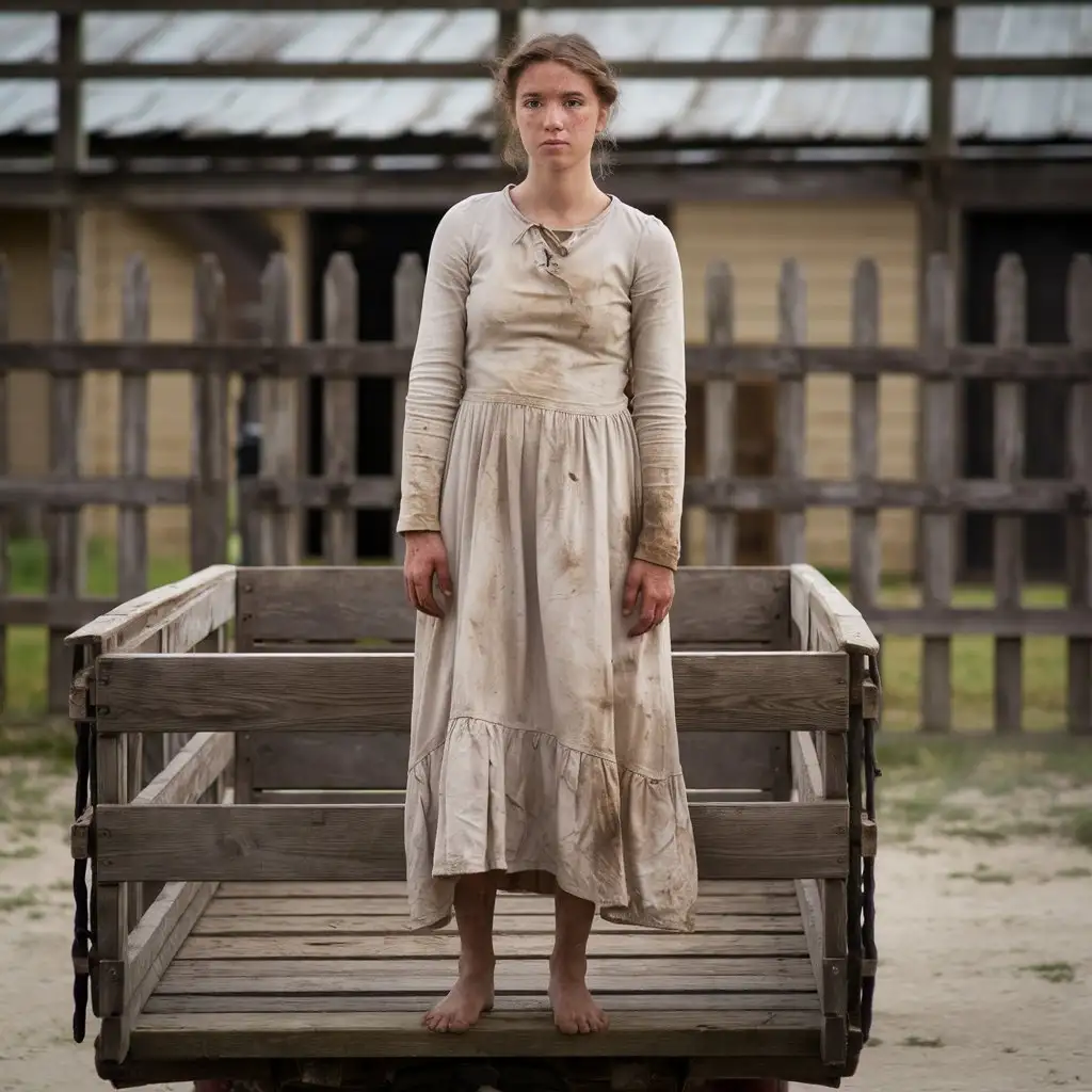 Young Woman in Vintage Dress Standing on Wooden Cart in 18th Century Texas Prison Yard