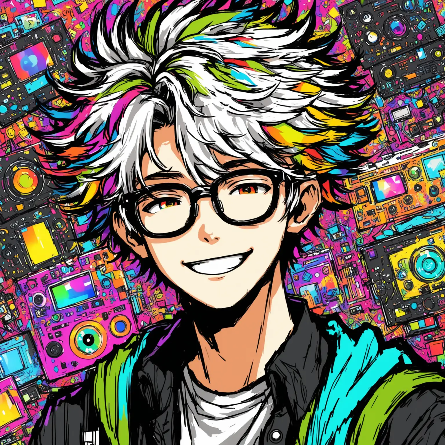 Draw a happy, white-skinned boy with black framed glasses, messy hair style, and full of colorful electronic style