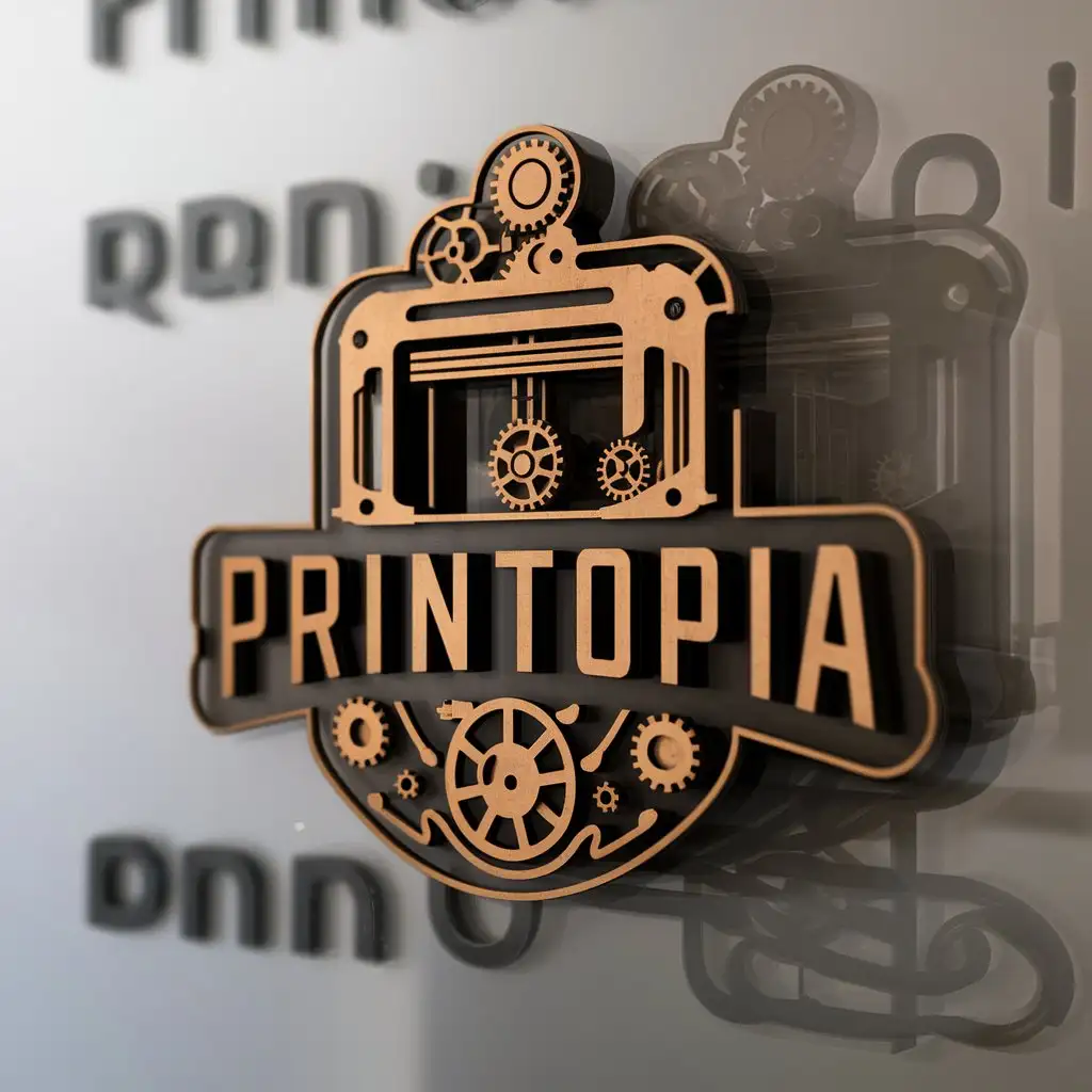 a logo design,with the text "Printopia", main symbol:3D printer in steampunk style,complex,be used in Technology industry,clear background