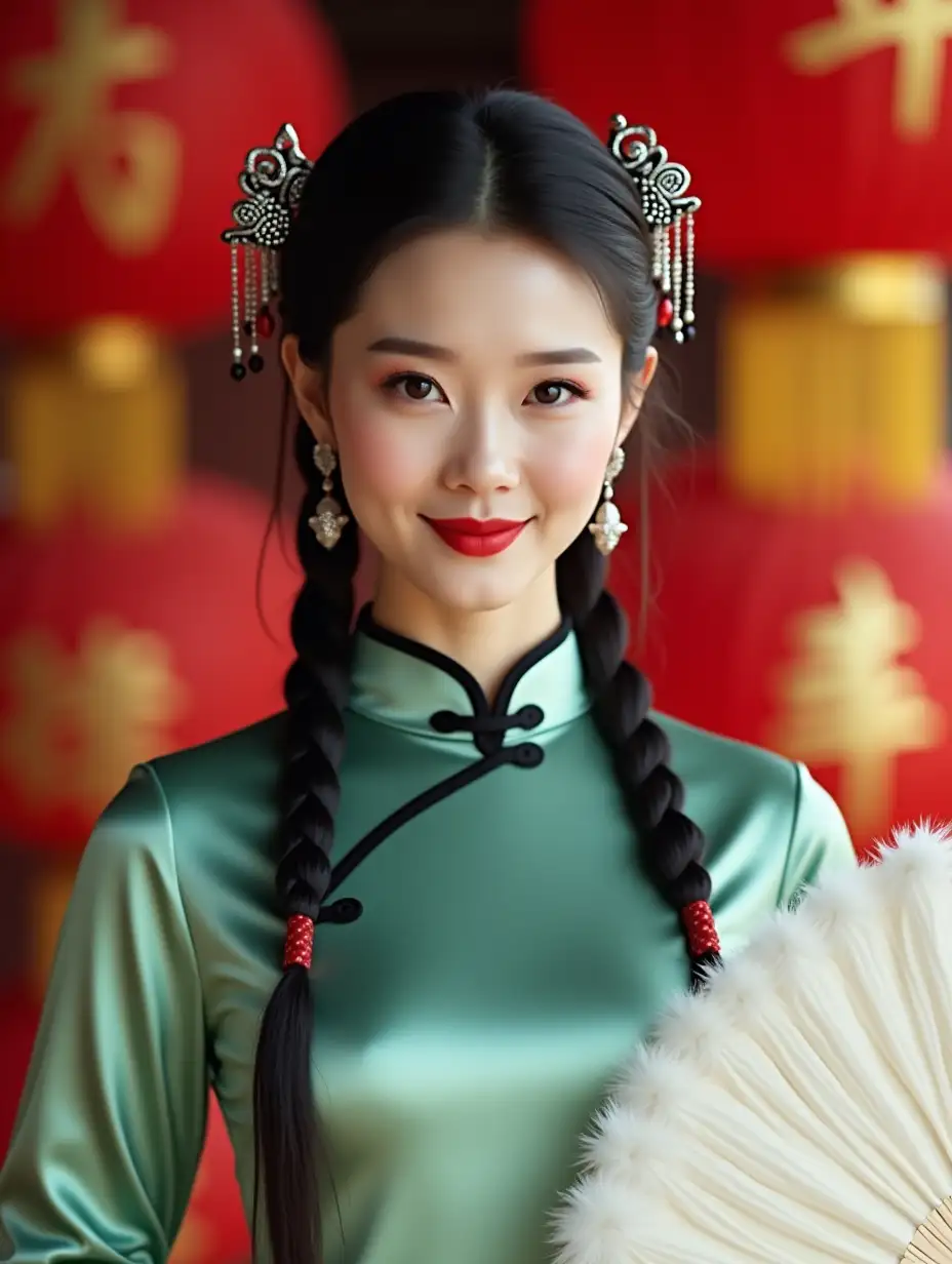 A portrait of a woman in traditional Chinese fashion, wearing a jade green qipao (cheongsam) dress with black trim and mandarin collar. Her hair is styled in long black braids with ornate silver and red beaded hair accessories. She holds a white feather fan. The background features blurred red Chinese lanterns with gold characters. The lighting is soft and even, highlighting the silk-like texture of the dress. The subject has defined eyebrows, red lipstick, and a gentle smile. The composition is centered, shot at mid-length, with a shallow depth of field. The overall color palette consists of jade green, black, red, and white, creating a harmonious traditional Chinese aesthetic. Optional details: The dress shows expert tailoring with a perfect fit, the hair ornaments feature dangling elements with black and red beads, the white feather fan is partially opened, showing its delicate texture, the background has a soft bokeh effect, and the photo has high fashion photography quality with clear, crisp details.