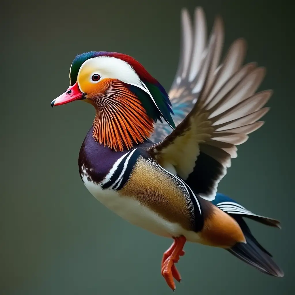 Mandarin duck full body in fly hyper realistic photo