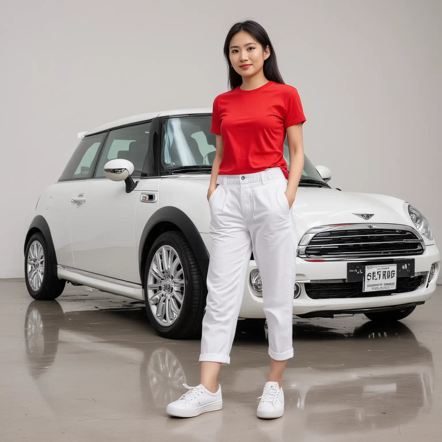 An Asian woman wearing a plain red t-shirt and white pants, along with shoes, stands in front of a glossy white mini cooper, background full white