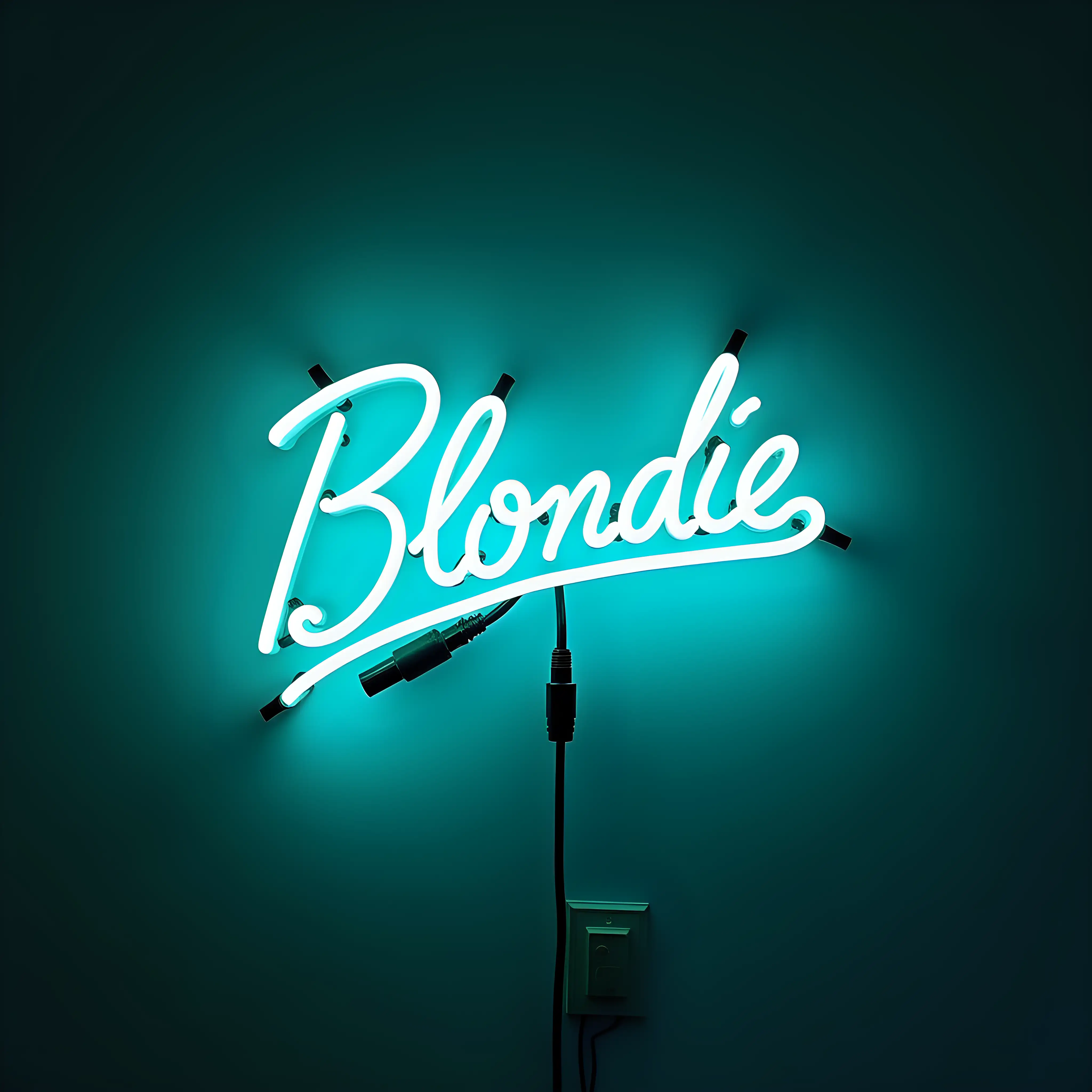 Create an aqua neon light with the logo for the rock band "BLONDIE" based on their classic script logo. All the fixtures and electrical connections of the neon are visible.