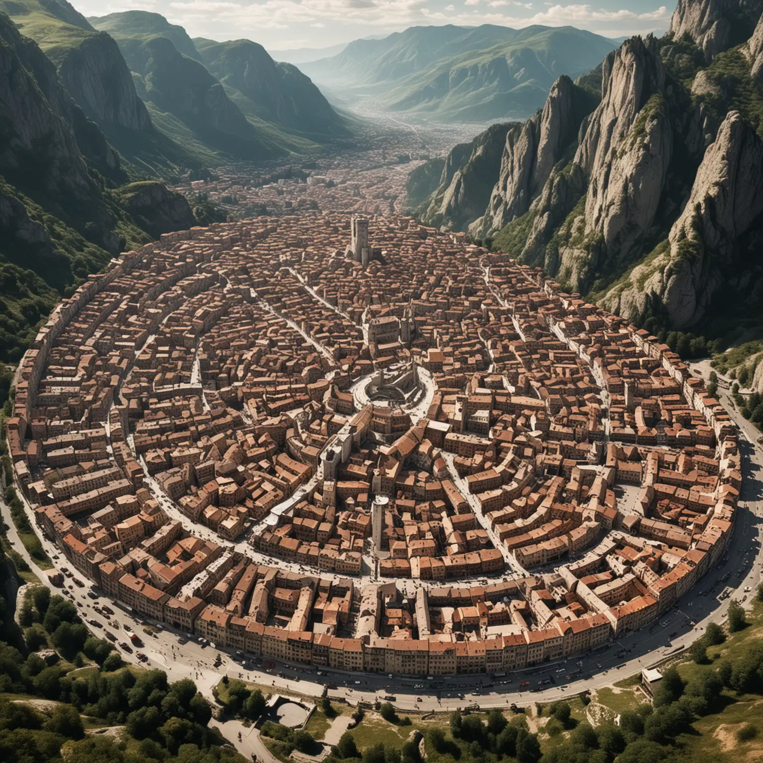 medieval city surrounded by high mountain walls, highest mountain is the king's seat, the streets are circles around the city with a big plazza in the middle, the circles are connected by further streets