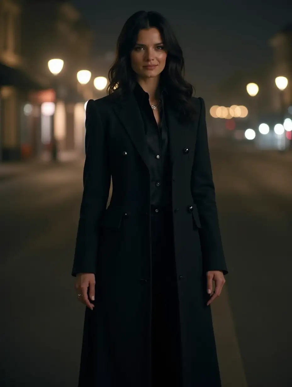 Half Length Photo of Donna Troy (Conor Leslie) from DC Titans Live-action Show after season 4 wearing the iconic sleek tailored, all-black suit—— a slightly longer and more dramatic Tailored Black Overcoat with a High Military Collar, the inner lining is deep celestial silver. A slightly more structured Tailored Fitted Black Suit Jacket Leather with a double-breasted fit, Long, sculpted lapels resembling ancient Amazonian armor but softened for a celestial formal look. Subtle black embroidery on the shoulders and cuffs inspired by angelic symbols and Amazonian warrior etching. A Black Silk Blouse, with a loosely tied silk platinum white scarf, Tailored Black Suit Pants and Polished Black Heeled Boots. in San Francisco at Dark Foggy Night Setting (Her clothes inspired by Dichael from Supernatural accurate all-black tailored formal suit and accurate dark hairstyle). (4K Resolution Photo and HDR).