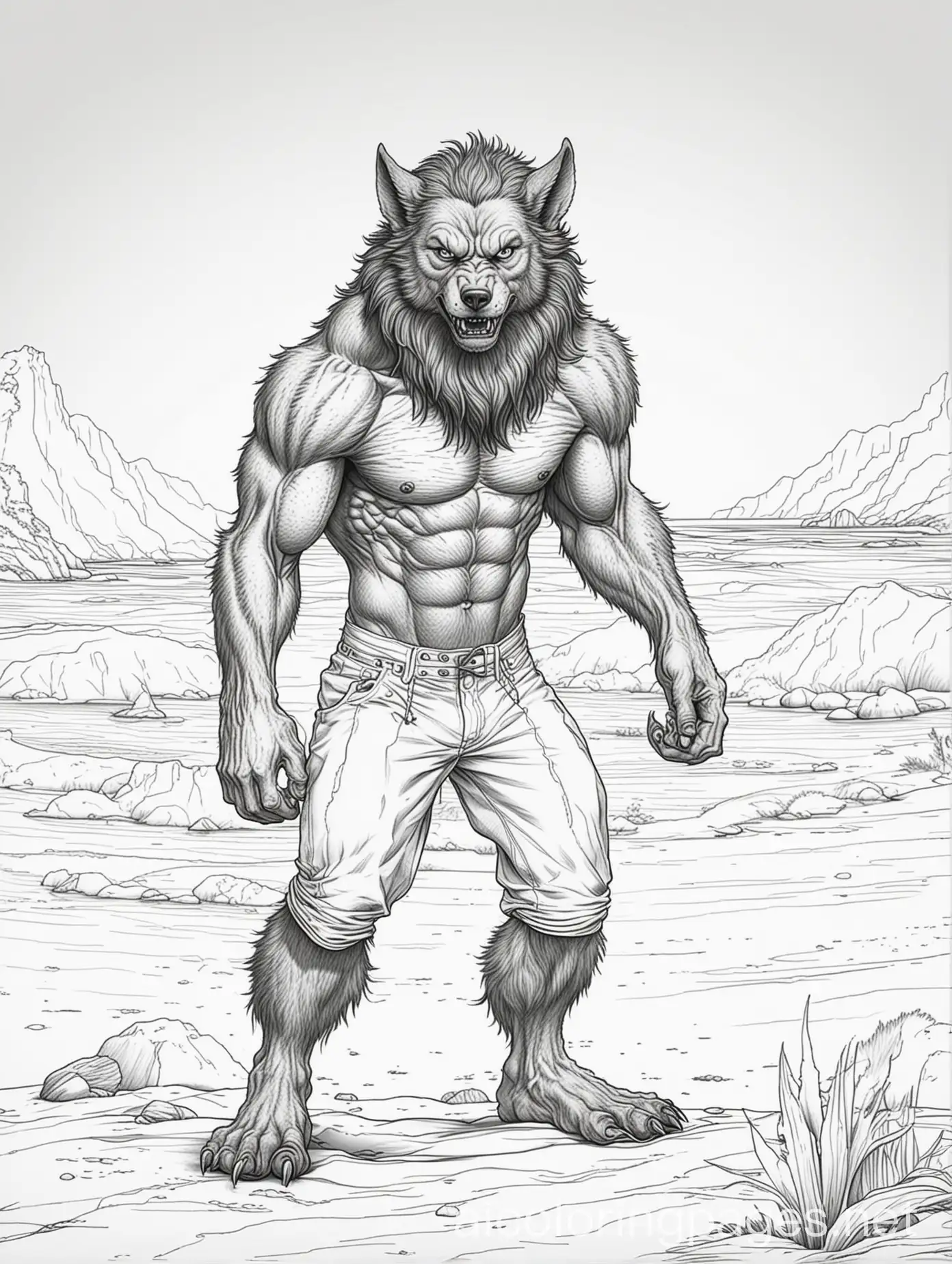 Werewolf at the beach, Coloring Page, black and white, line art, white background, Simplicity, Ample White Space. The background of the coloring page is plain white to make it easy for young children to color within the lines. The outlines of all the subjects are easy to distinguish, making it simple for kids to color without too much difficulty