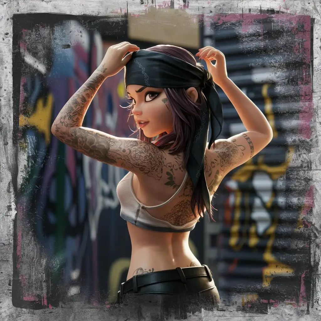 Cartoon-Girl-Tying-Black-Bandana-in-Front-of-Graffiti