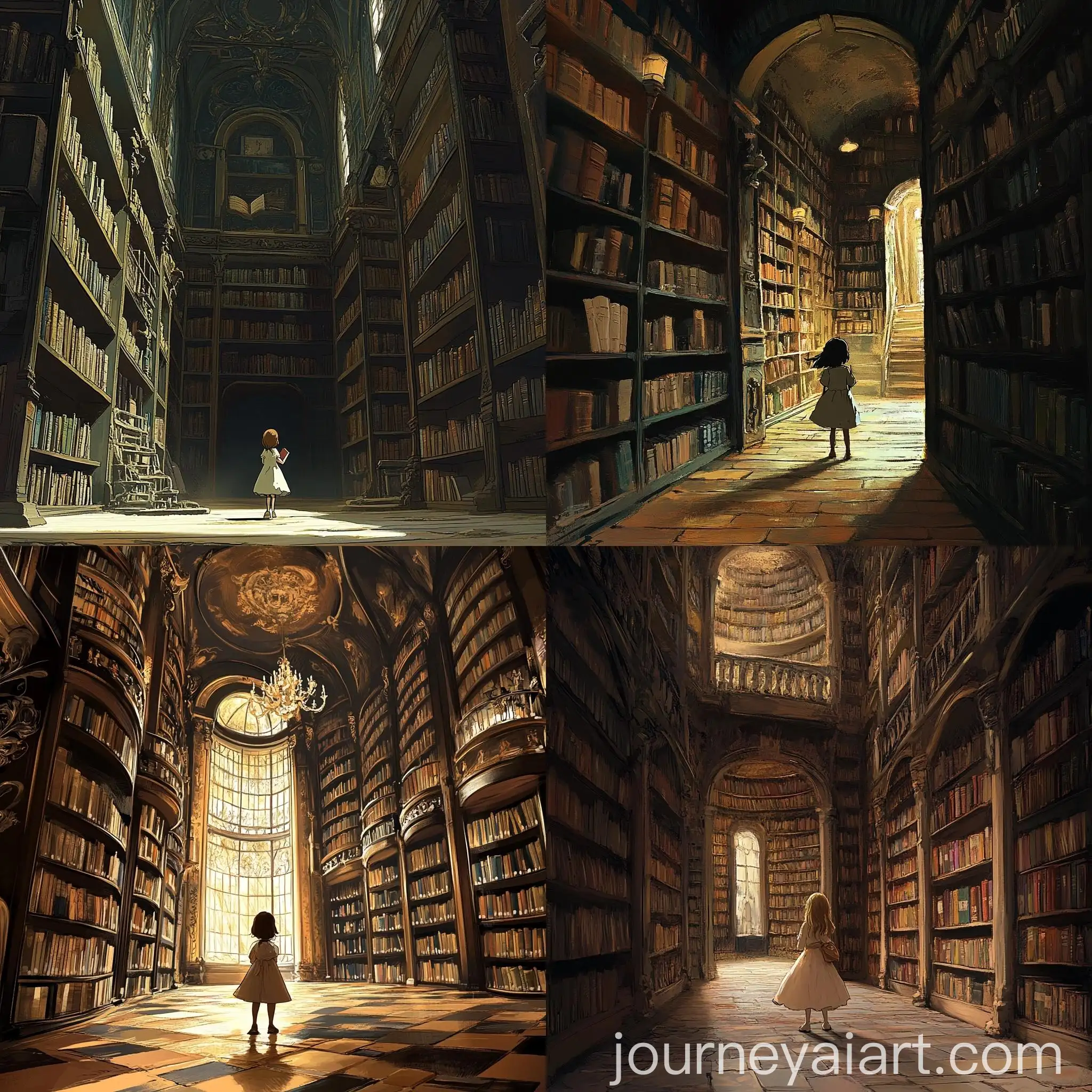 Young-Girl-Searching-for-Book-in-Enchanted-19thCentury-Library