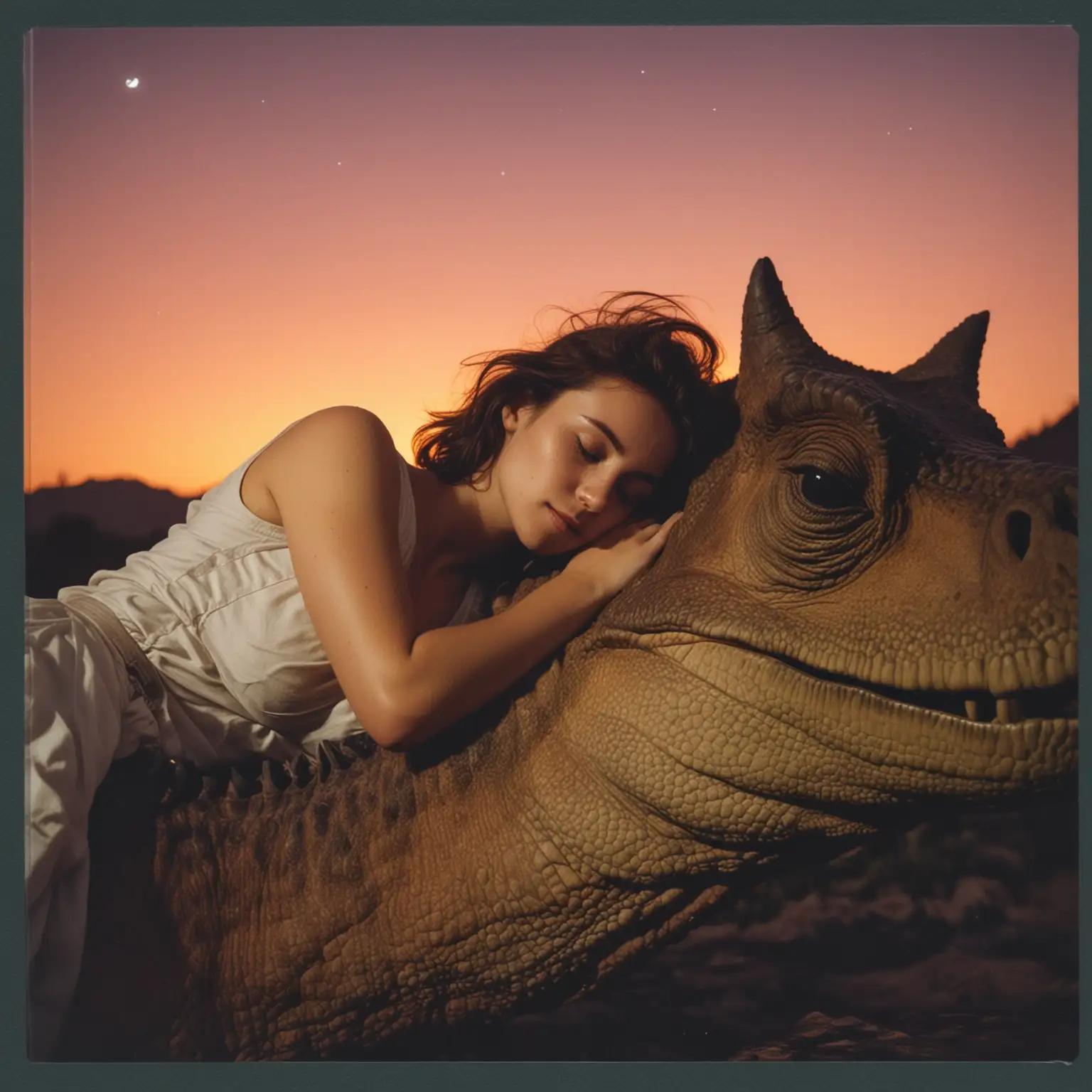 Perfect Lady Sleeping on Dinosaur at Sunset with Flashlight