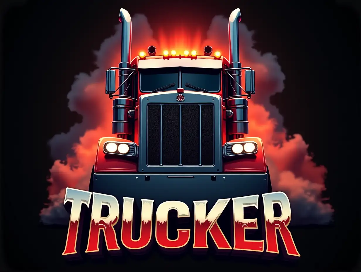 Create an image with a powerful and imposing semi-truck from a front-facing view. The truck should have a large, detailed grille and prominent exhaust stacks on either side. Surround the truck with dramatic, billowing clouds of smoke, and add a radiant, glowing red light effect behind it to emphasize its strength and presence. At the bottom of the image, include the word 'TRUCKER' in bold, metallic, and stylized text with a three-dimensional effect. The overall style should be bold, dynamic, and visually striking, with a dark background to make the truck and text stand out prominently.