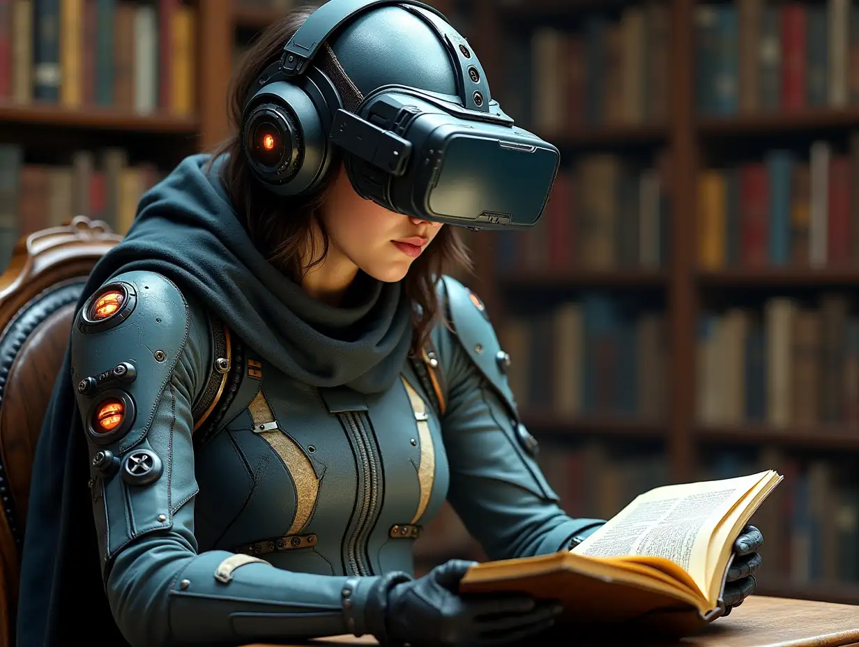 a 17 year old woman from the future overloaded with technologies, vastly covered, sitting in an old-fashioned library, lots of books in background, she is reading an ancient book through vr goggles, wearing high-tech clothes with integrated sensors and glowing lights, helmet with headphones, large ergonomic display on forearm, gloves, incredible wearable hardware