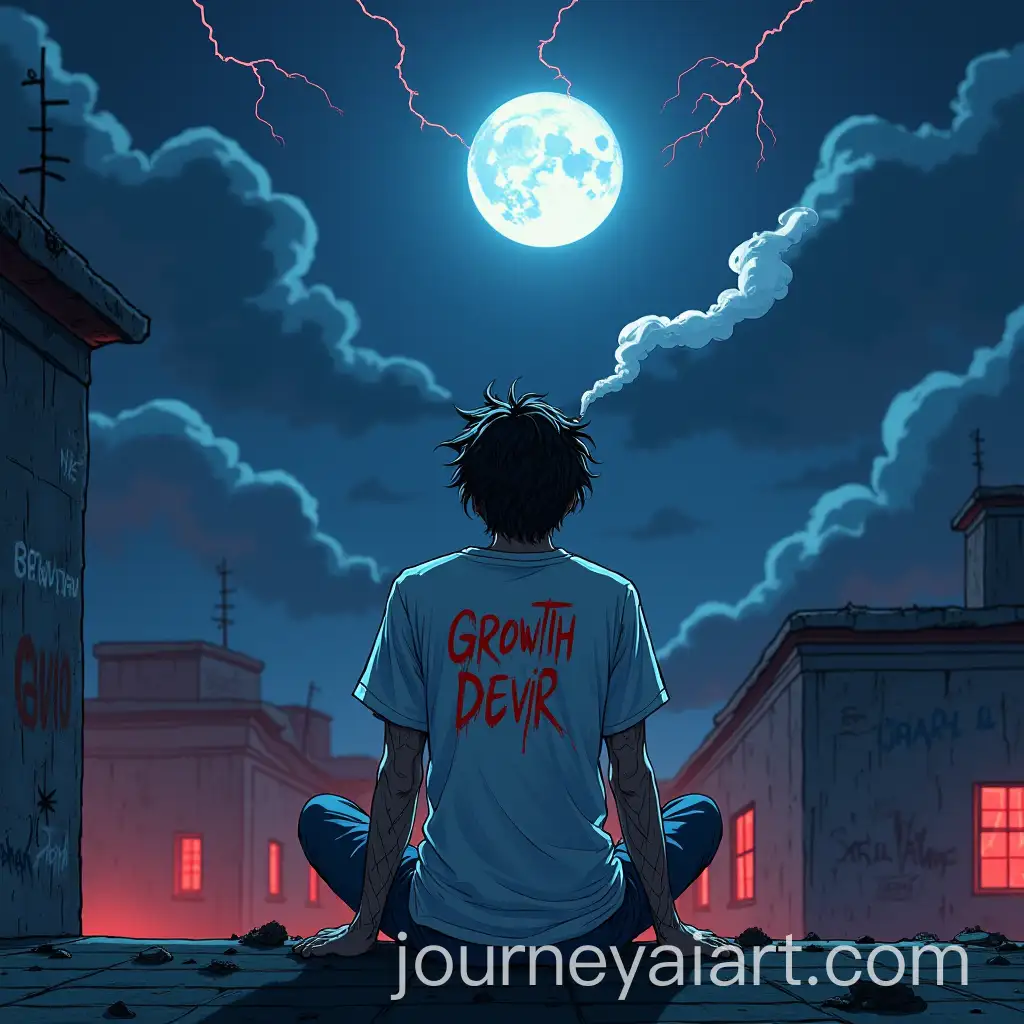 Person-on-Rooftop-Watching-Lightning-and-Full-Moon-at-Night