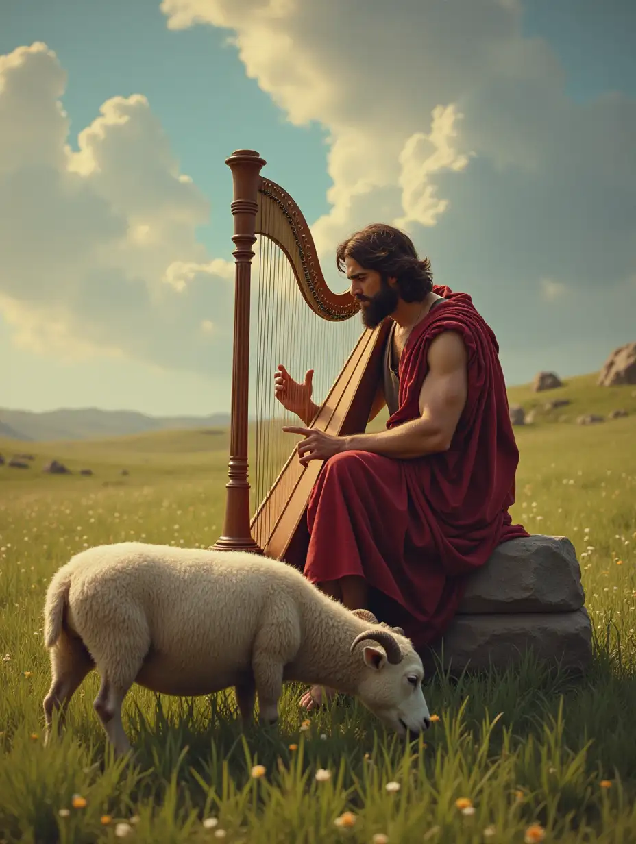 Biblical scene of David shepherding seated on a stone playing harp while sheep is grazing on a lush green grass