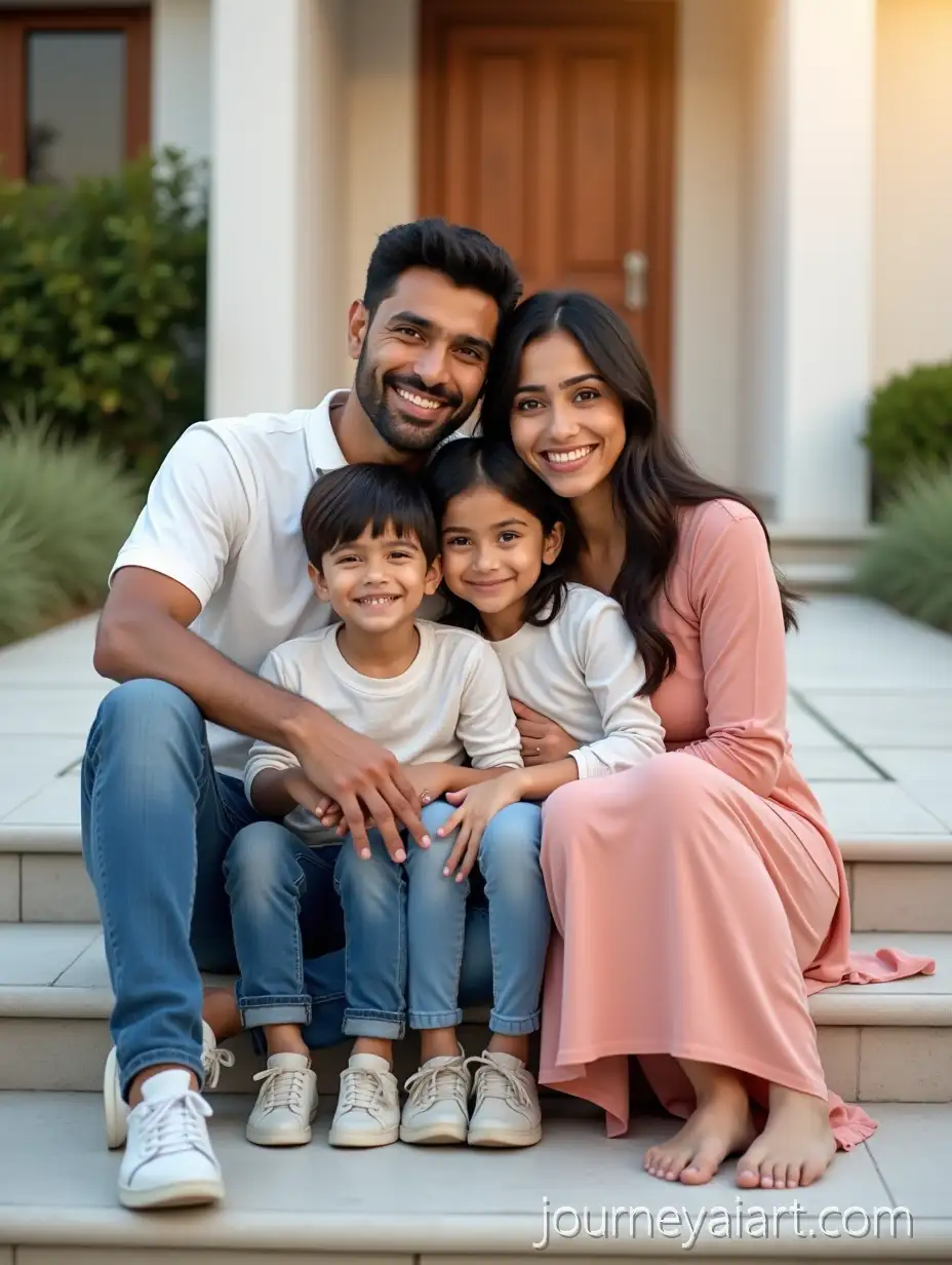 Cheerful-South-Asian-FamilyCheerful-South-Asian-Family-Embracing-on-Stone-Steps-Outside-Modern-House
