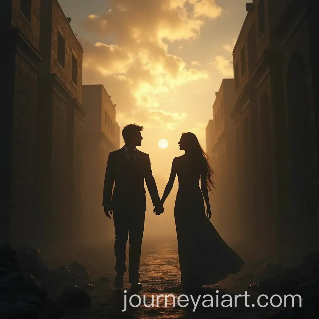 Male-and-Female-Shadows-Holding-Hands-in-an-Ancient-City-with-Mysterious-Falling-Object