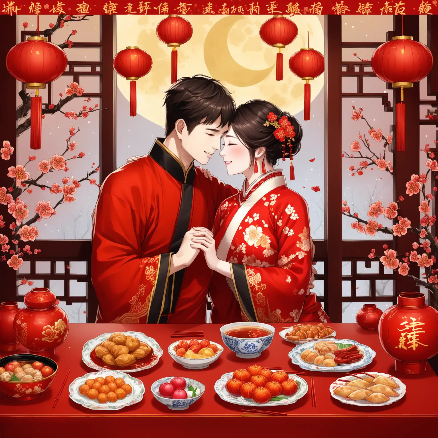 Young-Couple-Celebrating-Lunar-New-Year-with-Warm-Embrace-and-Traditional-Clothing