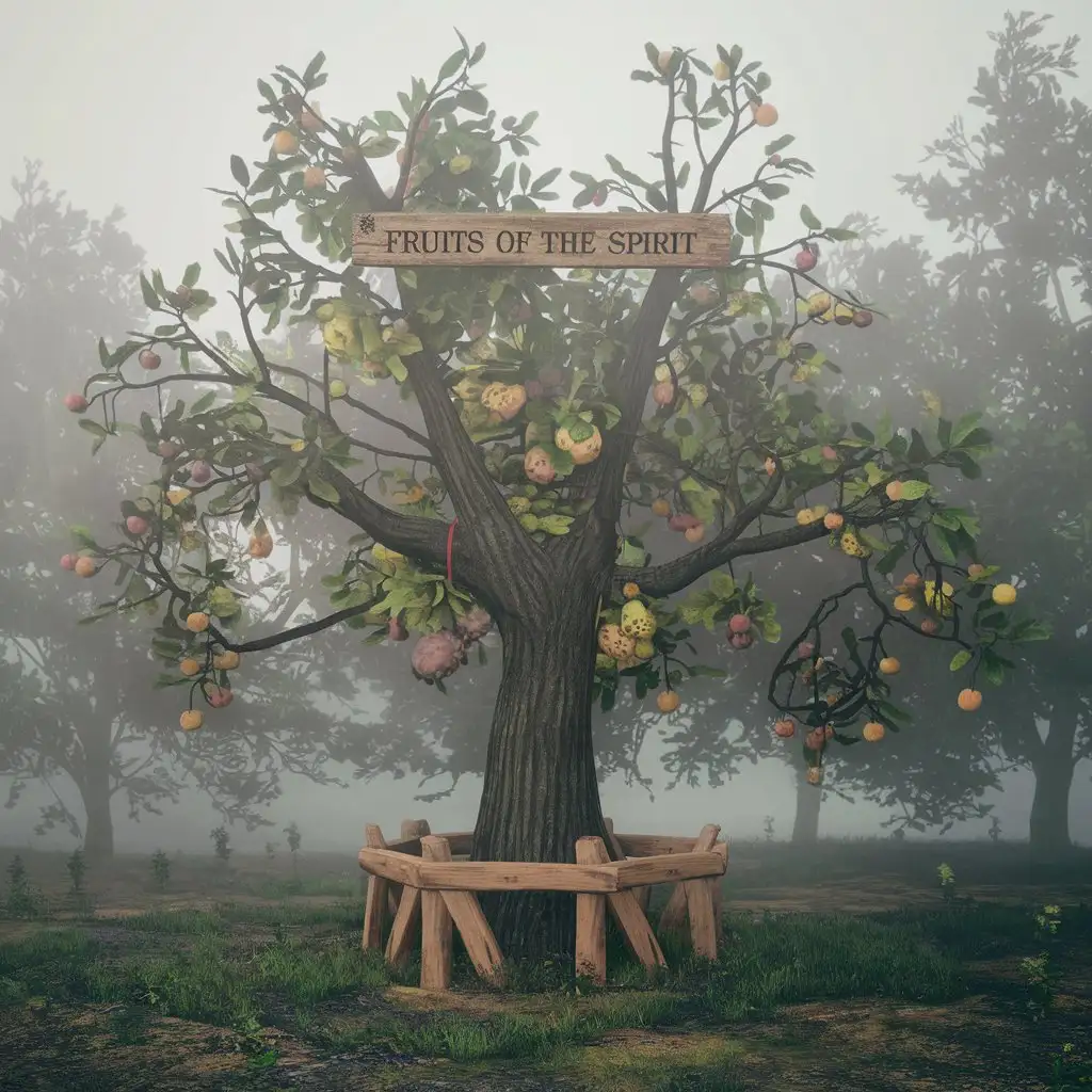 Peaceful Tree in Foggy Landscape with Fruits of the Spirit Quotes