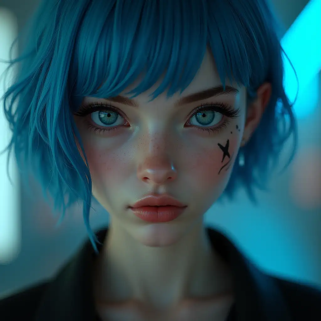 /imagine prompt: Ultra-realistic portrait of a young woman (20-26 years old), short straight blue hair (shoulder-length), fair skin with delicate freckles, a beauty mark on her left cheek, striking heterochromia (one eye deep blue, the other warm amber brown), slightly slanted eyes with an intense gaze. Her facial features are a perfect balance between softness and sharpness: delicate, high cheekbones and a defined jawline, full lips that hint at mystery, long dark lashes contrasting with her piercing expression. Her cyberpunk-modern elegance is emphasized by a small X-shaped tattoo under her right eye and a tattoo on her left ear.  nnThe lighting is soft yet dramatic, enhancing the detailed skin texture with high-resolution pores, subtle imperfections, and a realistic glow. Cinematic depth of field with a slightly blurred neutral background, futuristic neon reflections subtly accentuating her features. Captured with a professional 85mm f/1.4 lens, ultra-sharp focus, 8K resolution, high dynamic range, volumetric lighting, and a cinematic composition. The duality of her expression makes her appear both inviting and intimidating at the same time.