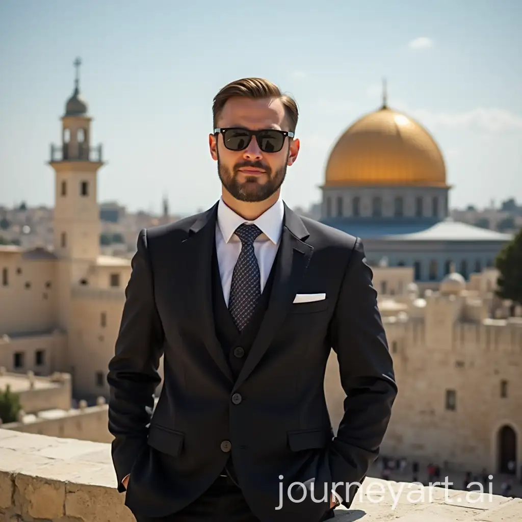 Man-in-Dress-Suit-Standing-and-Sitting-in-Front-of-Dome-of-the-Rock-in-Palestine