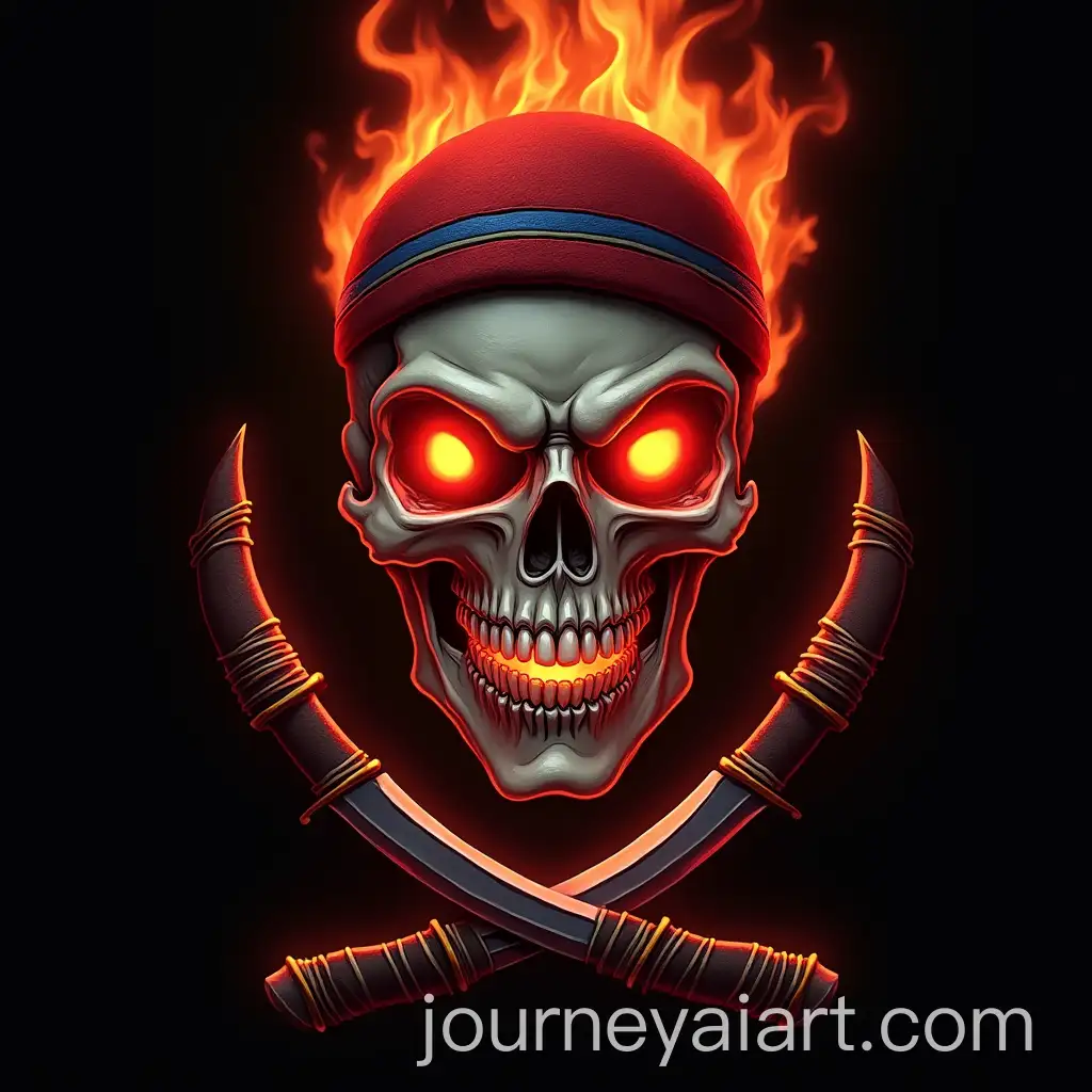 Demonic-Skull-Surrounded-by-Fiery-Flames-with-Traditional-Cap-and-Curved-Knives