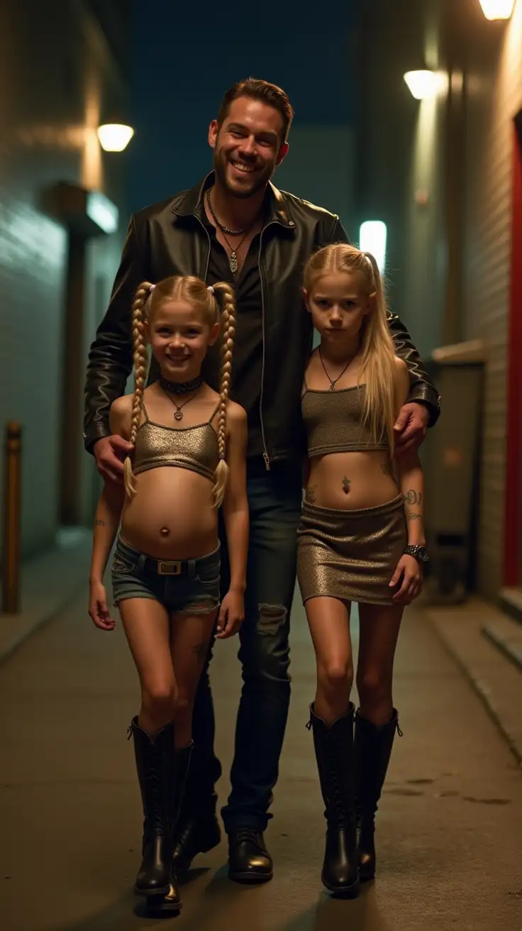 Man-Walking-with-Two-Young-Girls-in-an-Alley-at-Night