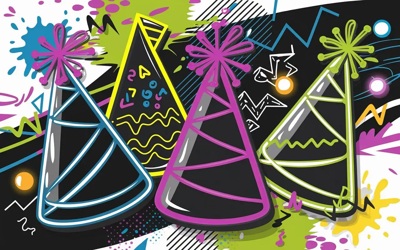 A bold and creative party hat graphic featuring oversized hats in bright neon colors with fun doodle-like decorations, surrounded by abstract elements such as splashes of paint, zigzag lines, and glowing orbs for a lively and modern aesthetic.