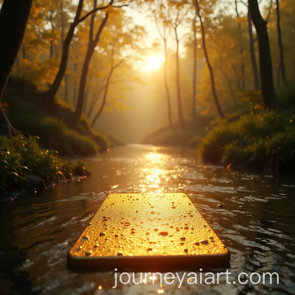Golden-Board-Floating-in-a-Calm-River-with-Reflections