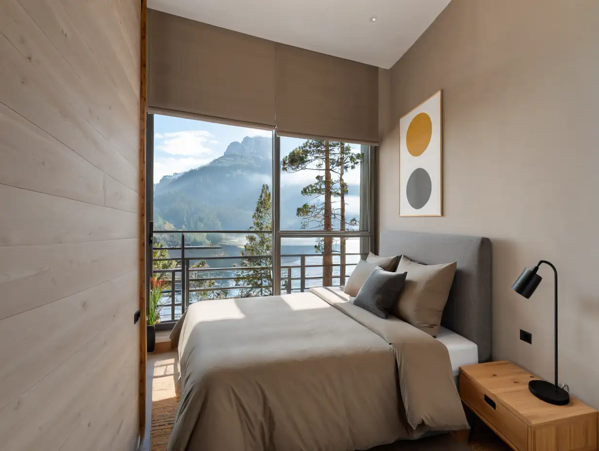 bedroom with a bedside table with lamp. The duvet is earth colored and the floor is pine colored wood.