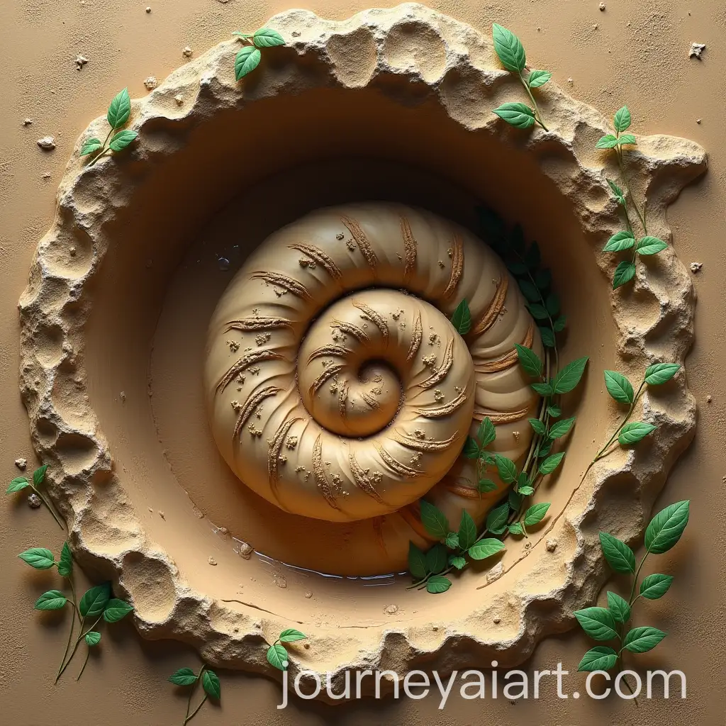 Spiral-Symbol-in-Weathered-Clay-Wall-with-Green-Shoots-and-Water-Drips