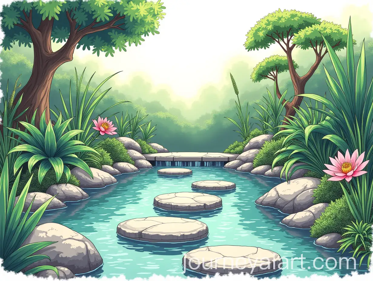 Japanese-Anime-Style-Mini-Tropical-Garden-with-Ponds-and-Waterfall