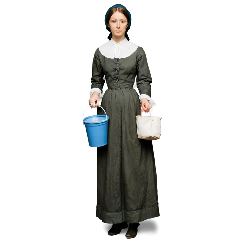 Florence Nightingale holding a soap and a bucket with water