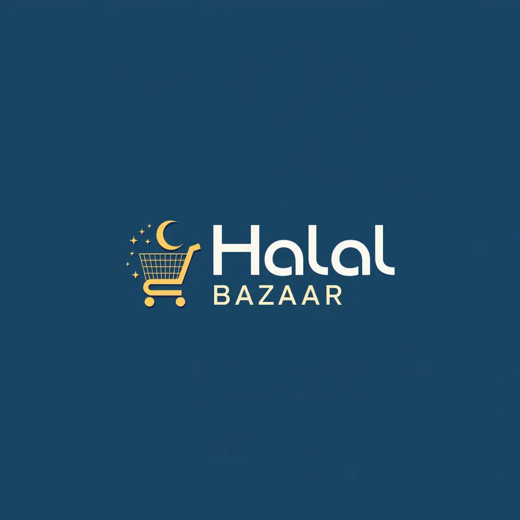 Design a sleek and modern logo for 'Halal Bazaar', an online marketplace for halal products. The logo should incorporate symbols of online shopping, like a shopping cart, digital icons, or a delivery box, combined with Islamic geometric patterns or a crescent moon. Use a color palette of blue, gold, and white to convey trust, professionalism, and ease of use. The design should reflect a seamless, user-friendly online shopping experience, while maintaining halal values and authenticity.