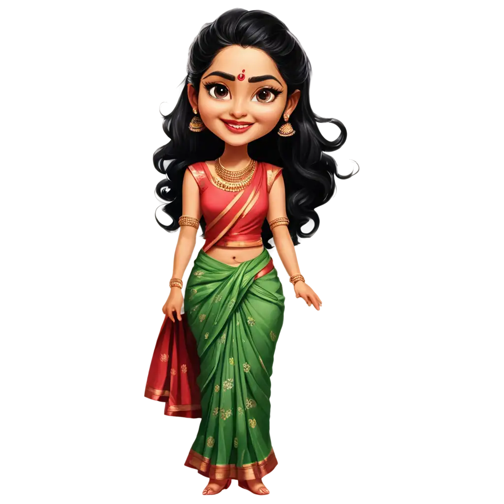 PNG-Caricature-of-Women-in-Pattu-Saree-Vibrant-and-Detailed-Image-Creation