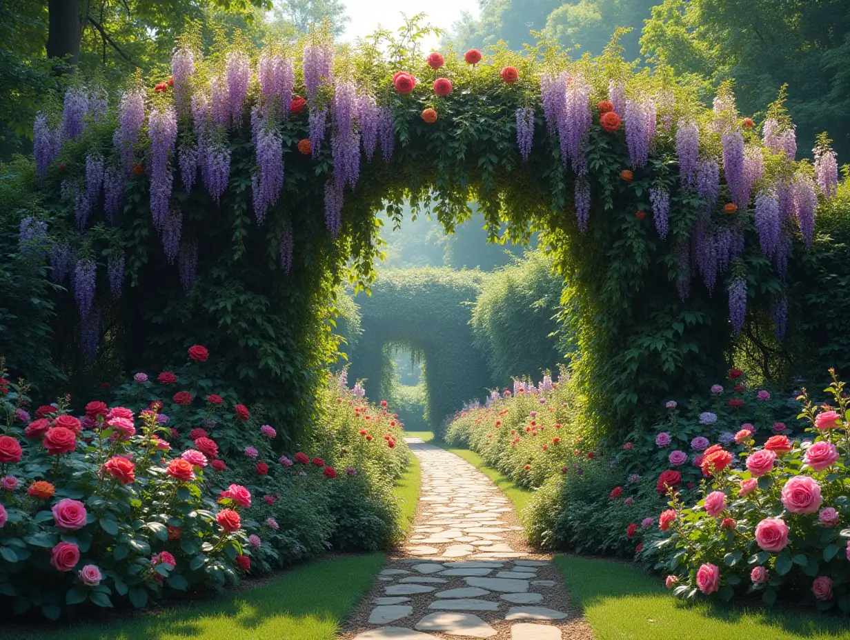 Garden, greenery, flowered, roses, wisteria, magicians, saturated colors