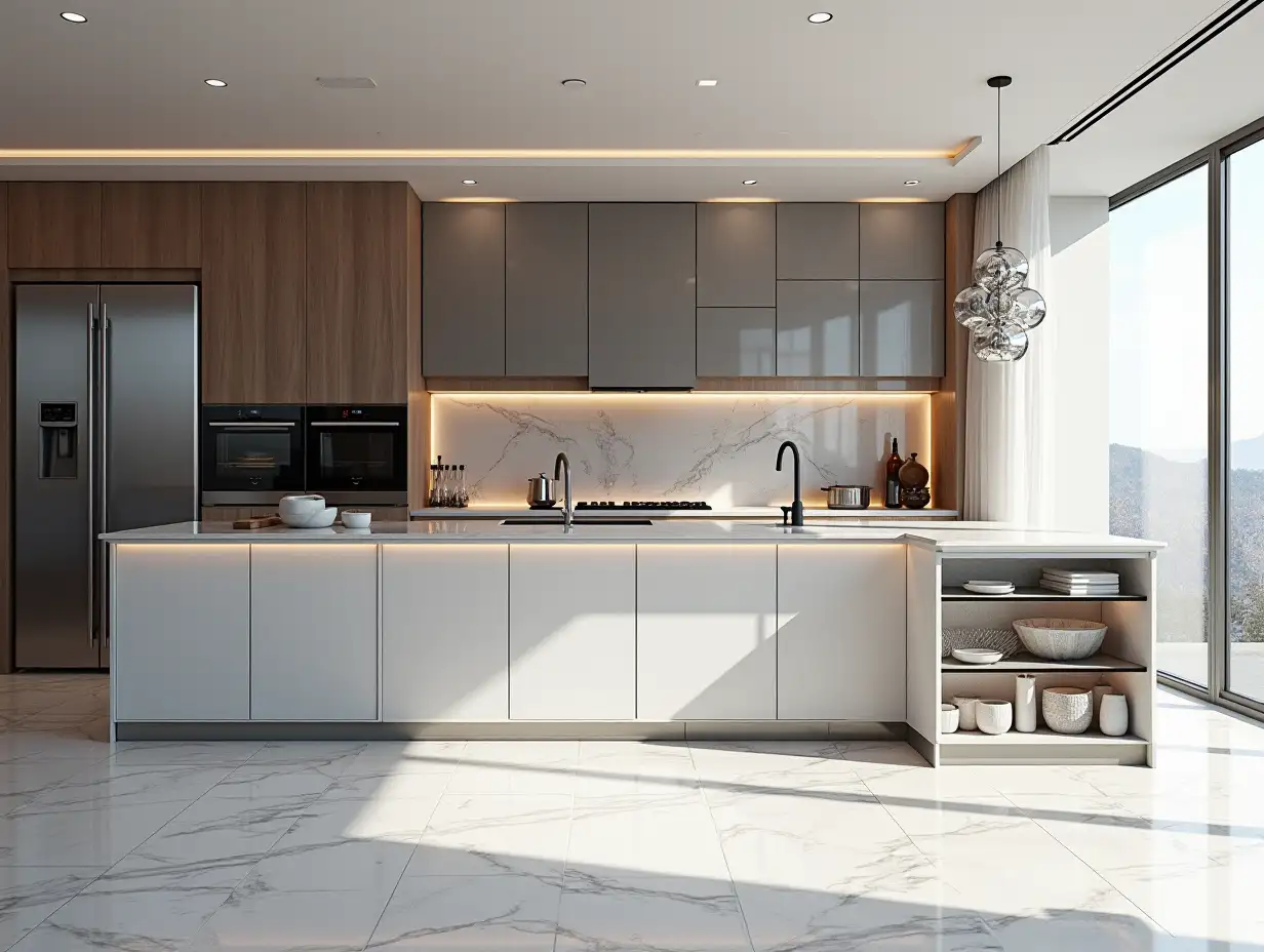 Create a Futuristic Kitchen with Marble Floor and a Bar in 8K resolution