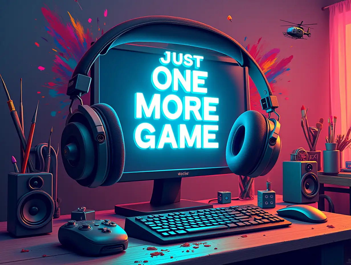 Create an image featuring a vibrant and colorful gaming setup. The central focus should be a large pair of headphones resting on a computer monitor that displays the text 'JUST ONE MORE GAME' in bold, white letters. Surround the monitor with various gaming accessories, including a game controller, a computer mouse, and a pair of speakers. Add artistic elements such as paintbrushes, dice, and a helicopter flying in the background. The overall style should be dynamic and energetic, with splashes of color and a sense of excitement.