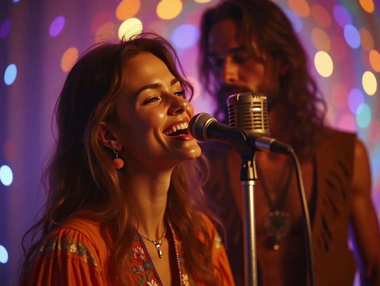 70s-Hippie-Girl-Singing-into-Vintage-Microphone-with-PsychedelicHippie-Girl-Singing-Closeup-Lighting-and-Adoring-Audience