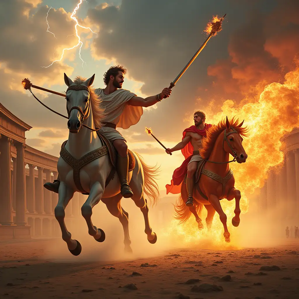 A realistic photo of a quadriga running along the Circus Maximus driven by Jupiter who throws lightning bolts against the Demon who drives an fiery quadriga