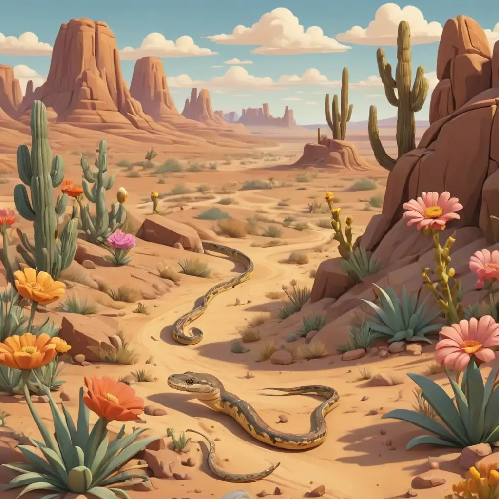 Cartoon Desert Landscape with Snake Lizard Coyote and Flower