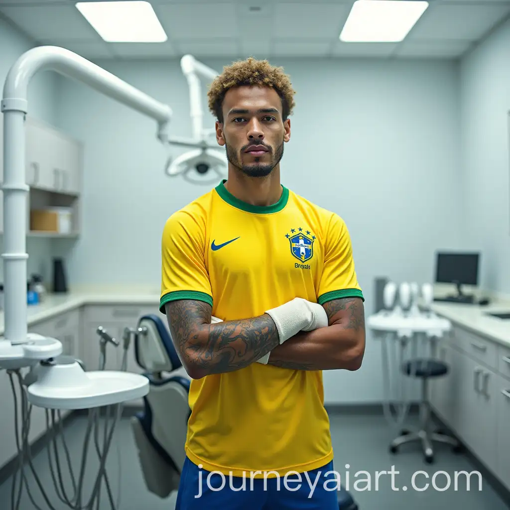Football-Player-in-Dentists-Chair-Wearing-Brazil-Jersey-and-Gloves
