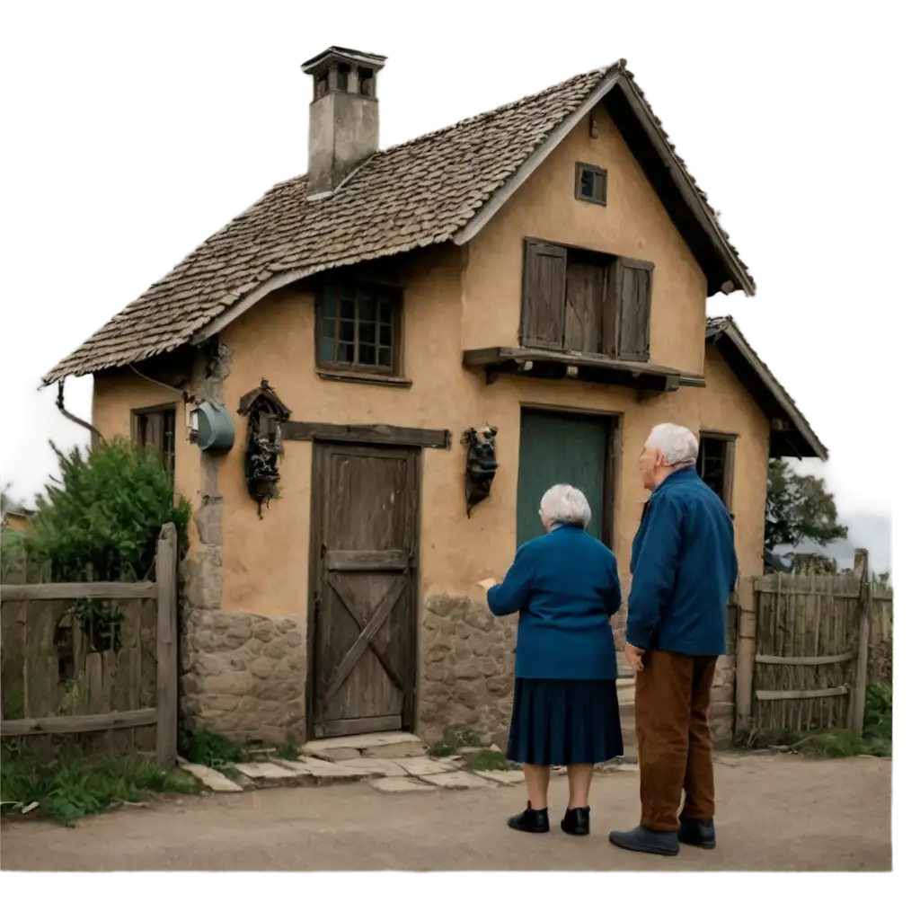 Old-Couple-Watching-Their-House-Gate-with-Bears-Head-Detail-PNG-Image-for-Rural-and-Historical-Themes