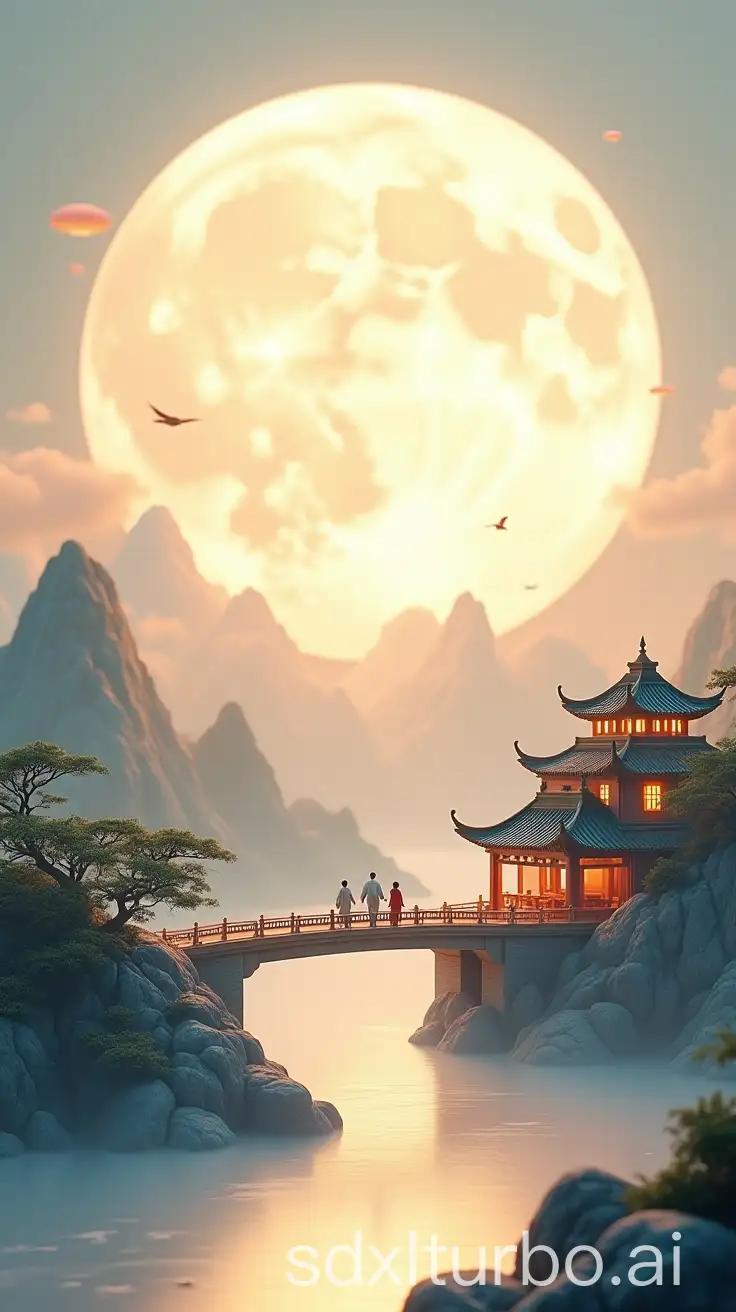 Chinese traditional festival, Mid-Autumn Festival poster, huge moon, floating palace, small people reunited together, a family of four, large area of white space, minimalist, freehand, ultra-detailed, Chinese palace near the flowing mountains and rivers, pine trees, architecture, gold strokes, 3D effects, professional photography techniques and HD camera creation, miniature landscape, miniature sculpture, --v 6.0