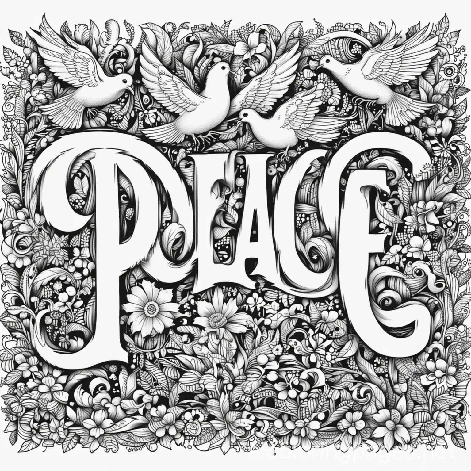 (coloring book) Design a coloring page centered around the word "Peace." Decorate the letters with whimsical elements like doves, stars, and flowers. Incorporate playful details within and around the letters to create an engaging and harmonious design., Coloring Page, black and white, line art, white background, Simplicity, Ample White Space. The background of the coloring page is plain white to make it easy for young children to color within the lines. The outlines of all the subjects are easy to distinguish, making it simple for kids to color without too much difficulty
