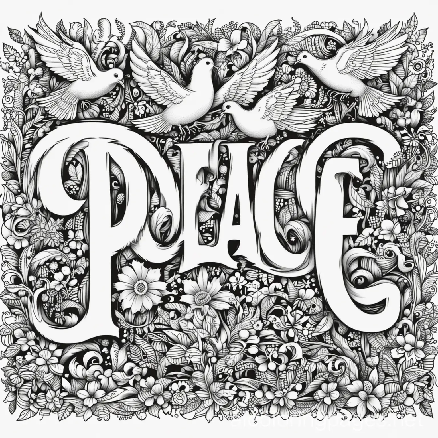 Peace-Coloring-Page-with-Doves-Stars-and-Flowers