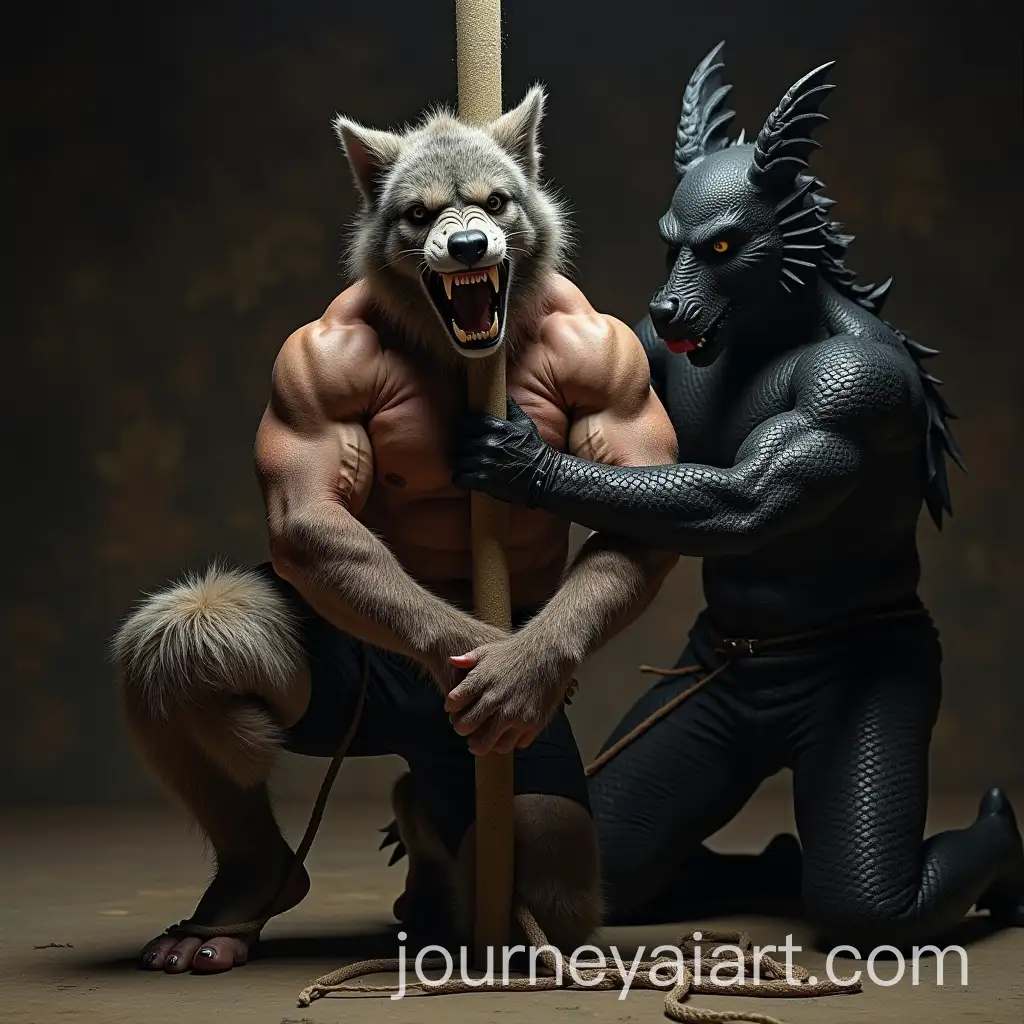 Muscular-Man-in-Werewolf-Costume-Captured-and-Tied-by-Black-Dragon-Costume
