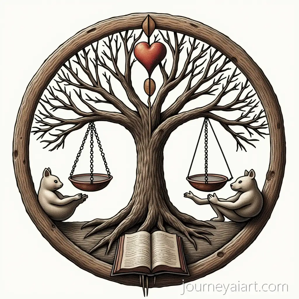 Intricate-Circular-Shield-Featuring-Tree-of-Life-Scales-Open-Book-Heart-Hands-Moon-Phases-and-Dynamic-Human-Figure